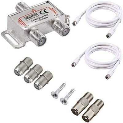 Image of RUNCCI YUN 2 Way Satellite Splitter TV Aerial F Type 5 2500MHz with * 1.5m Coax Cable Plugs, for Sky Box Telewest Eurovox Starview Dreambox