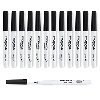 Image of TWOHANDS Dry Erase Markers Ultra Fine Tip 0.7mm,Low Odor,Extra Point,Black,Whiteboard Pens for Office,Home,or Planning Whiteboard,12 Count,20536
