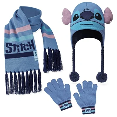 Image of Disney Beanie Hat Scarf and Gloves Set Kids (Blue Stitch 3 Pieces)
