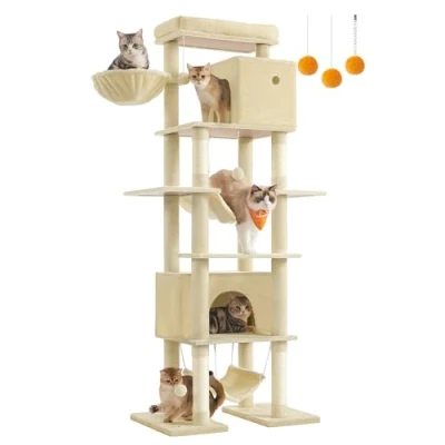 Image of Feandrea 201 cm Tall Cat Tree, XXL Large Tower for Indoor Cats, Multi Level Condo with 4 Scratching Posts, 2 Hammocks, a Perch, Caves, Anti Tip Kit, Beige PCT195Y01