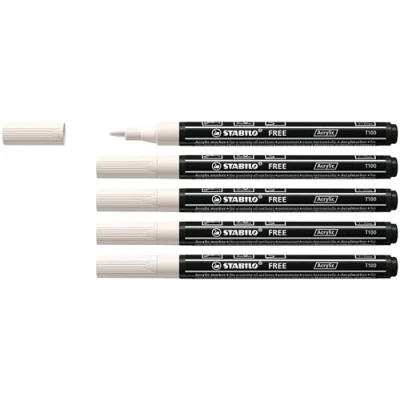 Image of Acrylic Marker STABILO FREE ARTY T100 Round Tip 1 2mm Pack of 5 Pure White