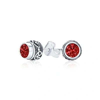 Image of Bali Style Tiny Round Gemstone Red Garnet Stud Earrings For Women Oxidized .925 Sterling Silver January Birthstone