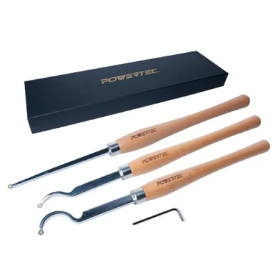 Image of POWERTEC 71827 Carbide Tipped Woodturning Tool 3 Piece Set with Straight, Shallow Swan Neck &amp; Deep for Hollowing Work, Wood Lathe Chisel Replaceable Tips