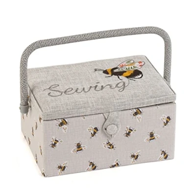 Image of Hobby Gift Exclusive Medium Sewing Craft Storage Box, Accessories Tray Pin Cushion Pocket PVC Handle Embroidered Lid 18.5 x 25.5 14.5cm, Bee