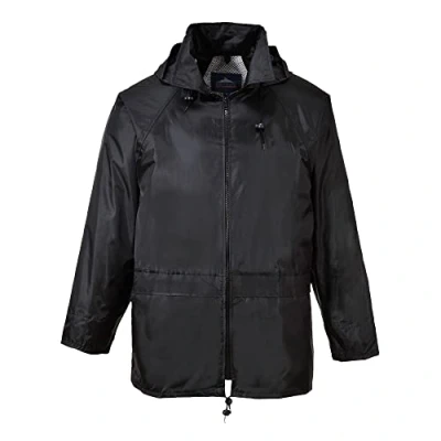 Image of Portwest S440 Men&#039;s Waterproof Rain Jacket Lightweight Durable Hooded Weather Protection Safety Black, 4X Large
