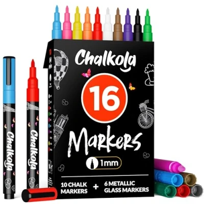 Image of Chalkola Extra Fine Tip Chalk Markers for Blackboard &amp; Glass (Pack of 16, 1mm Point) Window Markers, Liquid Pens Acrylic Dry Erase Board, Mirror, Car Thin Chalkboard Erasable