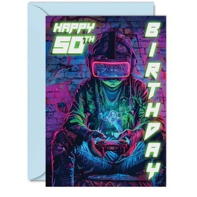 Image of 50th Birthday Cards for Men Women Video Game Gamer Happy 50 Card Brother Sister Uncle Auntie Friend, A5 Fifty Fiftieth Bday Greeting