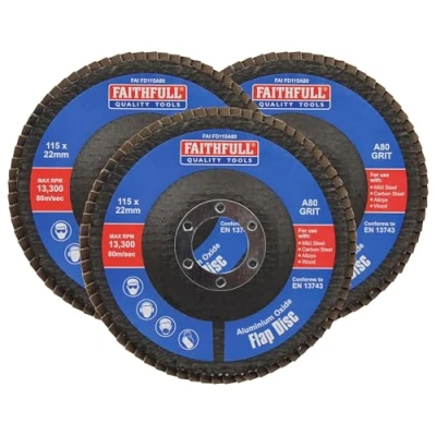 Image of Faithfull FAIFD11580A3 115mm Flap Disc Aluminium Oxide Set 80 Grit, Angle Grinder Discs for Sanding Steel, Wood, Alloys 3PCS