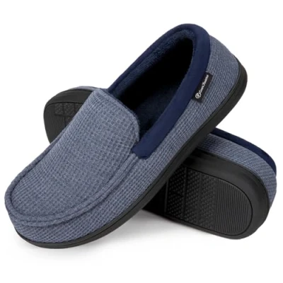Image of EverFoams Men&#039;s Comfort Memory Foam Moccasin Slippers Breathable Terry Cloth House Shoes with Anti Skid Rubber Sole Blue 9 UK