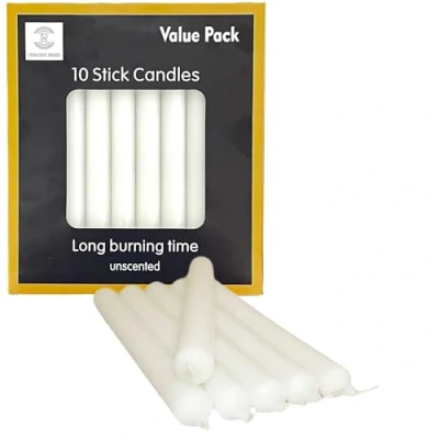 Image of REQUISITE NEEDS Pack of 10 x White Paraffin Wax Dinner Stick Candles