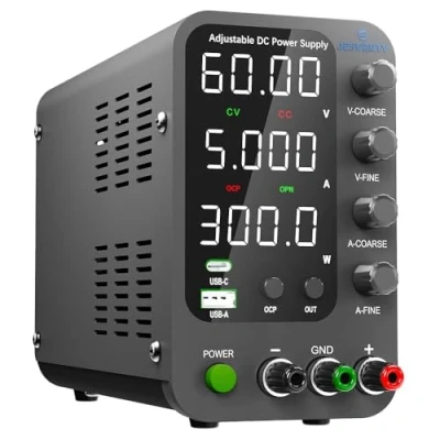 Image of Jesverty DC Power Supply Variable, 0 60V 5A Switching Bench with 20W USB &amp; Type C Quick Charge, Encoder Corase Fine Adjustment Knob, Output Switch, 4 Digit LED Display SPS 6005V