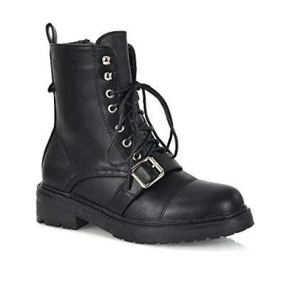Image of Womens Lace Up Ankle Boots Chunky Sole Ladies Buckle Strap Synthetic Leather Combat Biker Booties Siz