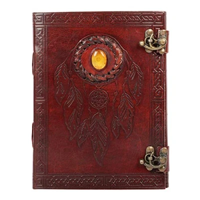 Image of OVERDOSE Pankh with Stone/Feather Stone Leather Journal Handmade Antique For Men And Women Diary Sketchbook Drawing Notebook 6 X 8 Inches 15 20 cm A5