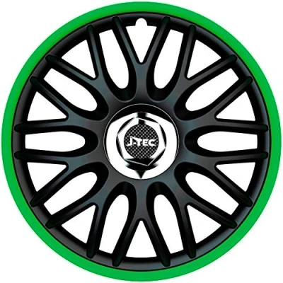 Image of Gorecki J14517 J Tec wheel covers Orden R , black/green + chrome ring 14 inch