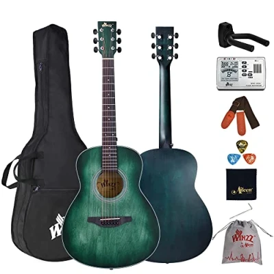 Image of Winzz Acoustic Guitar 3/4 Size for Kids and Adults Beginners, Folk Green Starter Kit