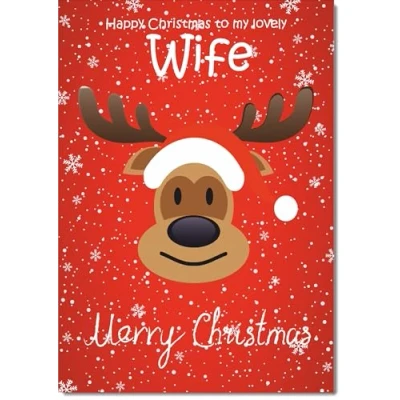 Image of doodlecards Wife Christmas Card Rudolph on Red Background Large A4 Size for with Plain Envelope