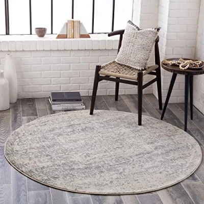 Image of Livabliss Syracusa Vintage Rug Area Rugs for Living Room 160 cm, Bedroom Scandi Neutral Traditional Patterned Boho Style, Natural Easy Care Pile Round Grey and Beige