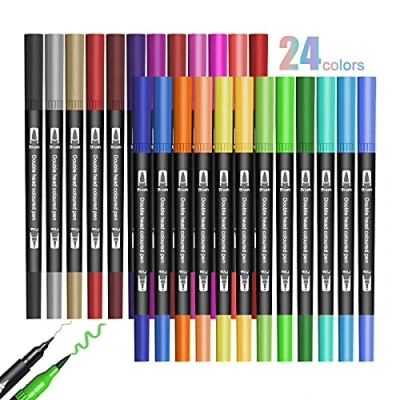 Image of Jsdoin 24 Coloring Pens for Children, Fineliners Felt Dual Tip Outline Markers Kids and Adults Drawing Sketching Design Scrapbooking Painting Lettering Journal