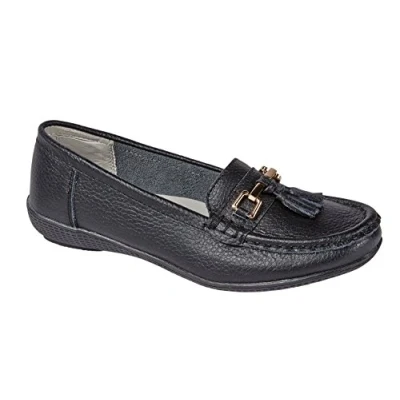 Image of Womens Flats Leather Deck Boat Loafers Moccasins Driving Shoes with Bar &amp; Tassels Black Size UK 3