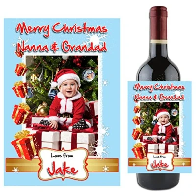 Image of Personalised Merry Christmas Wine Champagne Bottle Photo Label Xmas Stocking Filler Gift Idea for him her N79