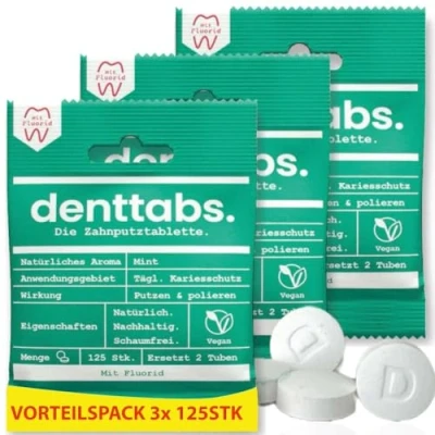 Image of DENTTABS MFx3 Stevia Mint Toothbrush Tablets with Fluoride Pack of 3 (3 x 125 Pieces) (Organic, Vegan)