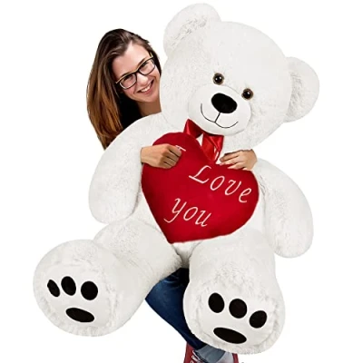 Image of Deuba MONZANA® White Plush 150cm Teddy Bear with Red I Love You Heart Cushion Valentine&#039;s Day Easter Snuggly Cuddly Cosy Adorable Giant Soft Toy Pillow