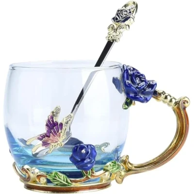 Image of YBK Tech Creative Flower Glass Mug, Crystal Blue Tea Cup Rose, Short (320ml)