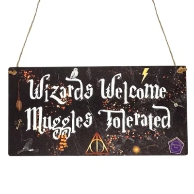 Image of Second Ave Wizards Welcome Muggles Tolerated Black Wooden Hanging Rectangle Home Bedroom Sign Plaque