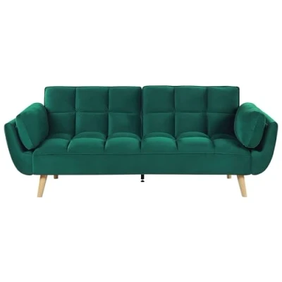 Image of Velvet 3 Seater Sofa Bed Green Wooden Legs Woven Back Biscuit Padding Asby