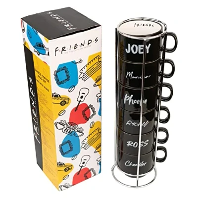 Image of Grupo Erik Friends Mugs 6 Piece Coffee Mug Set Stackable of with Stand Espresso Mugs, Original Set, Designer Mug, 80ml, Black