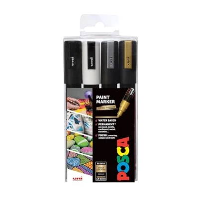Image of POSCA PC 5M Permanent Marker Paint Pens Bullet Tip Use On Virtually any Surface Set of 4 Mono Colours