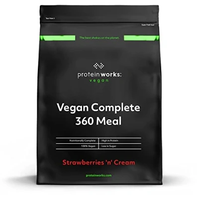 Image of Protein Works Vegan Complete 360 Meal Shake, 100% Replacement Powder, Meal, Plant Based 5 Meals, Strawberries &#039;n&#039; Cream Classic, 500 g