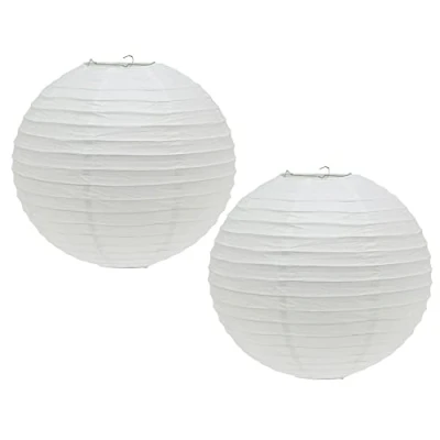 Image of Pack of 2 Round White Paper Light Shade Lantern Classic Bamboo Style Ribbed Lampshade Hanging Circle Ceiling Lightshade