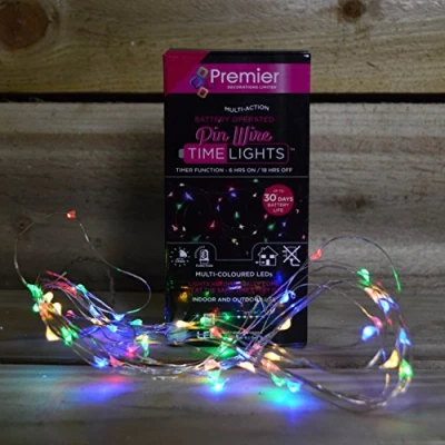 Image of 5m 100 LED Multi Action Pin Wire Battery Lights with Timer String Coloured