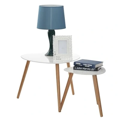 Image of Premier Housewares Set of 2 Nest Tables White Top Coffee for Living Room Nesting with 3 Wood Legs Side Scandinavian End