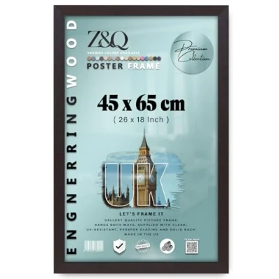 Image of Z&amp;Q Wall Mounted Poster Picture Frame Mahogany 45 x 65 cm Display Painting Photo Print With HD Clear Perspex Both Ways Hanging Hooks MDF Wood 30x15mm Moulding