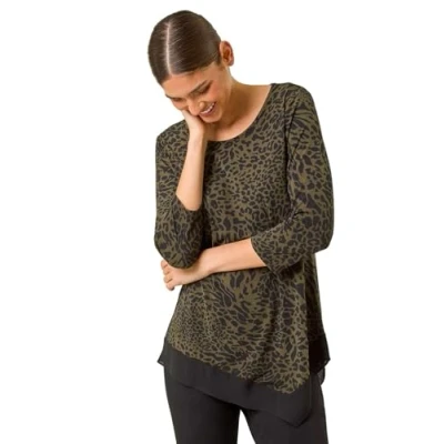 Image of Roman Womens Animal Print Chiffon Asymmetric Hem Top Green Size 14 UK