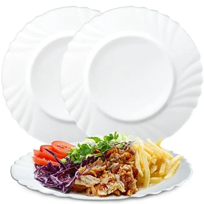 Image of KADAX Tempered Glass Plates, Set of 3, Flat Coupt Minimalist Dinner Cake Round Breakfast Salad Dishwasher Safe (Diameter 25.5 cm, White)