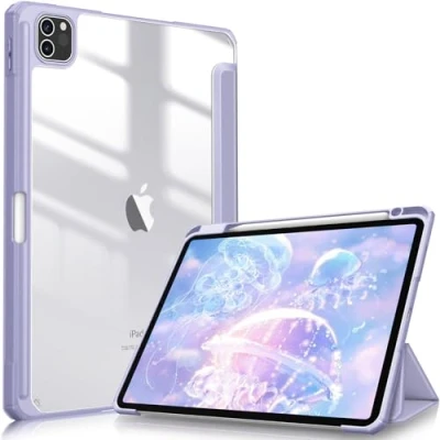 Image of FINTIE Hybrid Case Compatible with iPad Pro 11 Inch (2022/2021/2020/2018, 4th/3rd/2nd/1st Generation) Ultra Slim Shockproof Clear Cover w/Pencil Holder, Auto Wake/Sleep, Lilac Purple