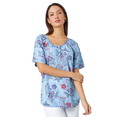 Image of Roman Womens Floral Print Button Detail Top Blue Size 12 UK