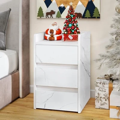Image of YITAHOME Bedside Table with 3 Drawers and Power Station, Modern Nightstand End Table, Water Resistant Storage Side for Living Room Bedroom, 35 x 40 59cm (Marble White)