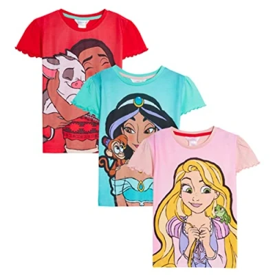 Image of Disney Girls 3 Pack Princess T Shirts (Pack of 3) 7 8 Years Multi