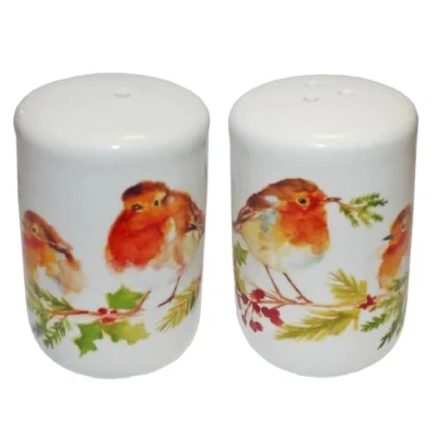 Image of Christmas Salt and Pepper Pots Gift Boxed Fine China Tableware (Winter Robin 8303)