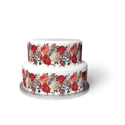 Image of Edible Decor Sheet Pink Peony Flower themed Border Ribbon Perfect for Decorating Your Cakes Easy to Use