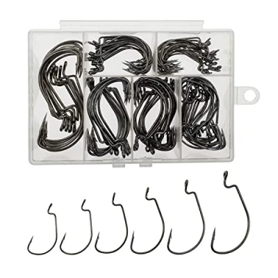 Image of Afmivs Worm Hooks for Bass Fishing Hooks, 110pcs/Box Fishing, Offset Hook 6sizes #1 1/0 2/0 3/0 4/0 5/0 High Carbon Steel With Portable Plastic Box Freshwater Saltwater