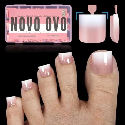Image of NOVO OVO Ombre French Tip Press on Toe Nail Tips, Sharp Square Pre Designed Soft Gel False Toenail Extension, BABY PINK applied Primer &amp; Base Coat, Full Cover Acrylic DIY x 15 Sizes 240 pcs