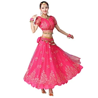 Image of Grouptap Bollywood pink indian womens ladies fancy anarkali salwar kameez dress arabian princess belly dance skirt outfits costume (Pink, 150 170 cm, 45 70 kg)