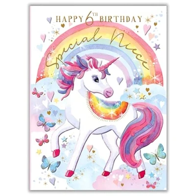 Image of Niece 6th Birthday Card Special Age 6 Pretty Unicorn and Rainbow Made in the UK Eco Friendly