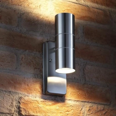 Image of Auraglow Dusk Till Dawn Sensor Stainless Steel Up &amp; Down Outdoor Wall Security Light (Warm White, Two Pack)