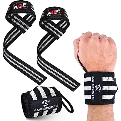 Image of AQF Wrist Support Kit 18 Wraps and Padded Lifting Straps for Deadlifts, Weight lifting, Powerlifting, CrossFit, Fitness Workout, Strength Training Men &amp; Women(1 Pair Each)(Black White)